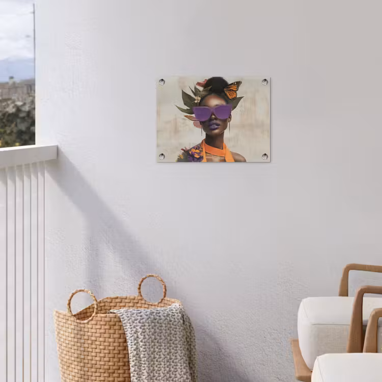 Vrouw - Zonnebril - Vlinder - Bloemen tuinposter los doek klein -sfeer8