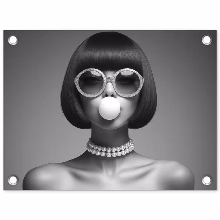 Vrouw - Zwart Wit - Ketting - Zonnebril tuinposter los doek klein -3d
