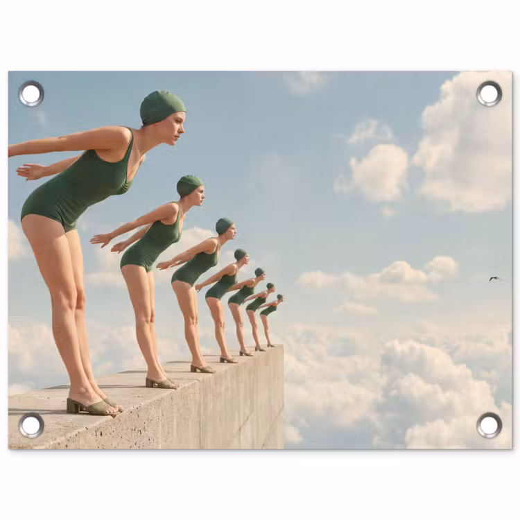 Tuinposter - Vrouwen - Duikhouding - Wolken - Vrouwen - Duikhouding - Wolken tuinposter los doek klein