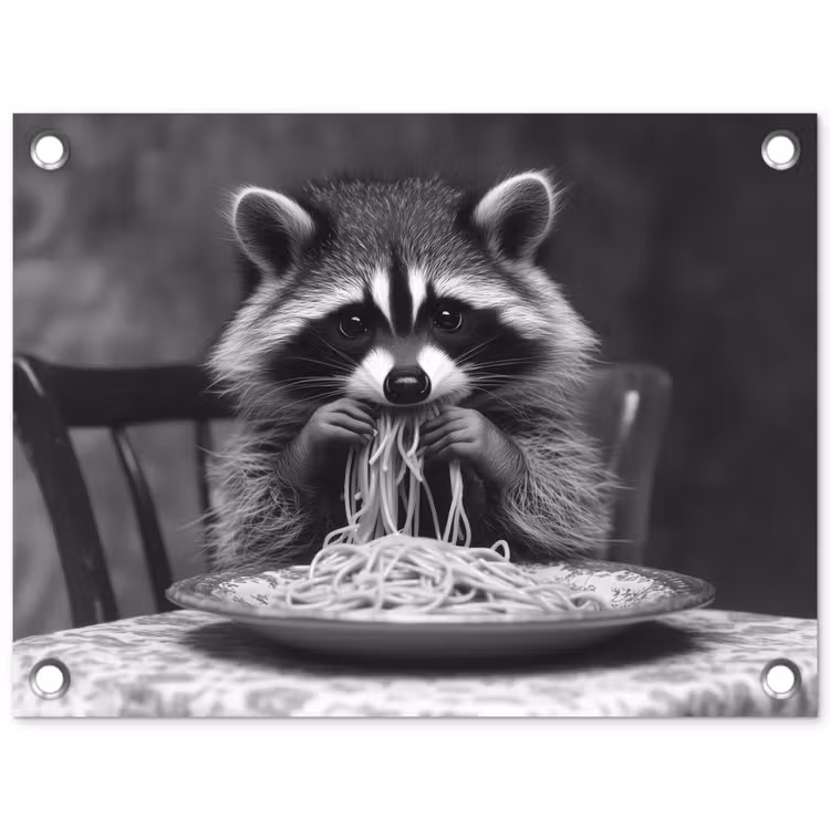 Wasbeer - Cute - Pasta - Tafelkleed - Zwart - Wit tuinposter los doek klein -3d