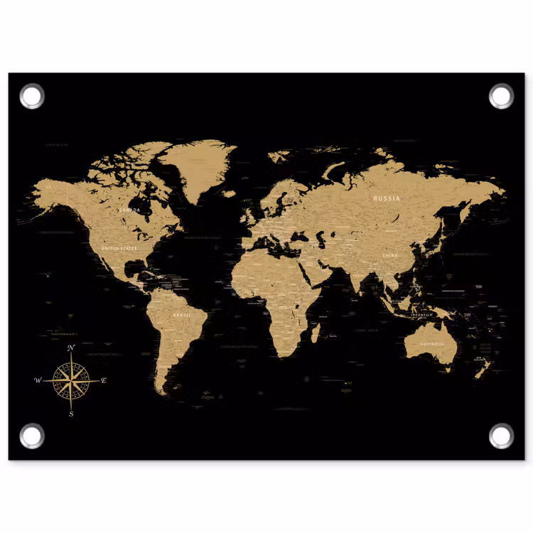 Wereldkaart - Beige - Zwart tuinposter los doek klein -3d