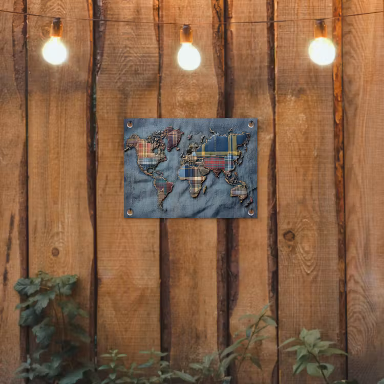 Wereldkaart - Denim - Textiel tuinposter los doek klein -sfeer1