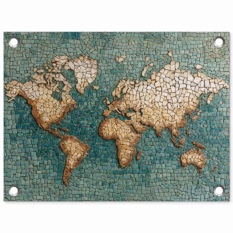 Wereldkaart - Gebroken tegels - Mozaïek tuinposter los doek klein -3d