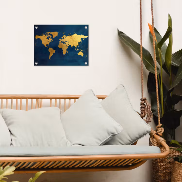 Wereldkaart - Goud - Donkerblauw tuinposter los doek klein -sfeer7