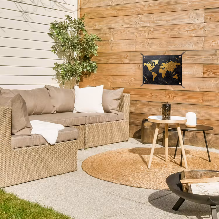 Wereldkaart - Goud - Marmer tuinposter los doek klein -sfeer4