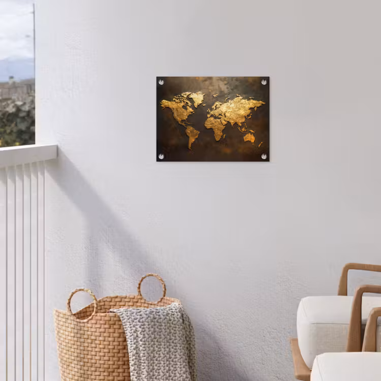 Wereldkaart - Goud - Roest tuinposter los doek klein -sfeer8