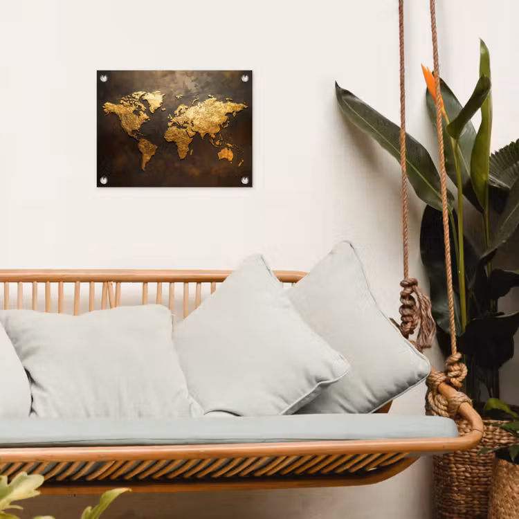 Wereldkaart - Goud - Roest tuinposter los doek klein -sfeer7
