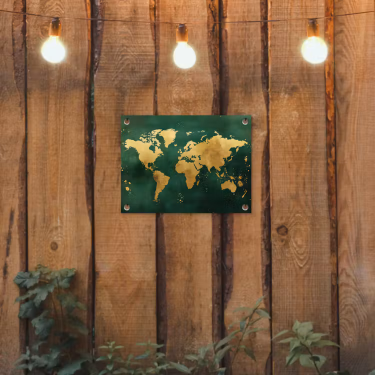 Wereldkaart - Groen - Goud tuinposter los doek klein -sfeer1