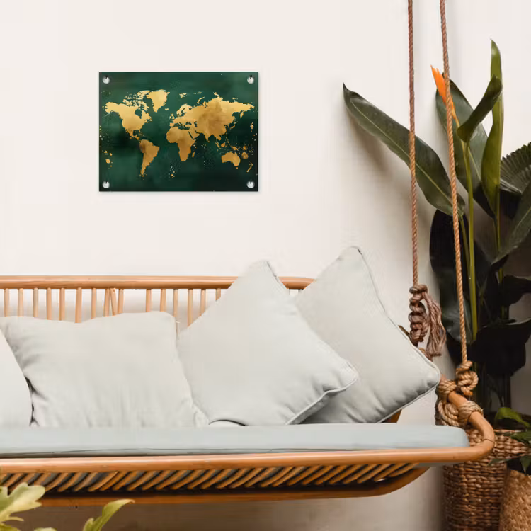 Wereldkaart - Groen - Goud tuinposter los doek klein -sfeer7