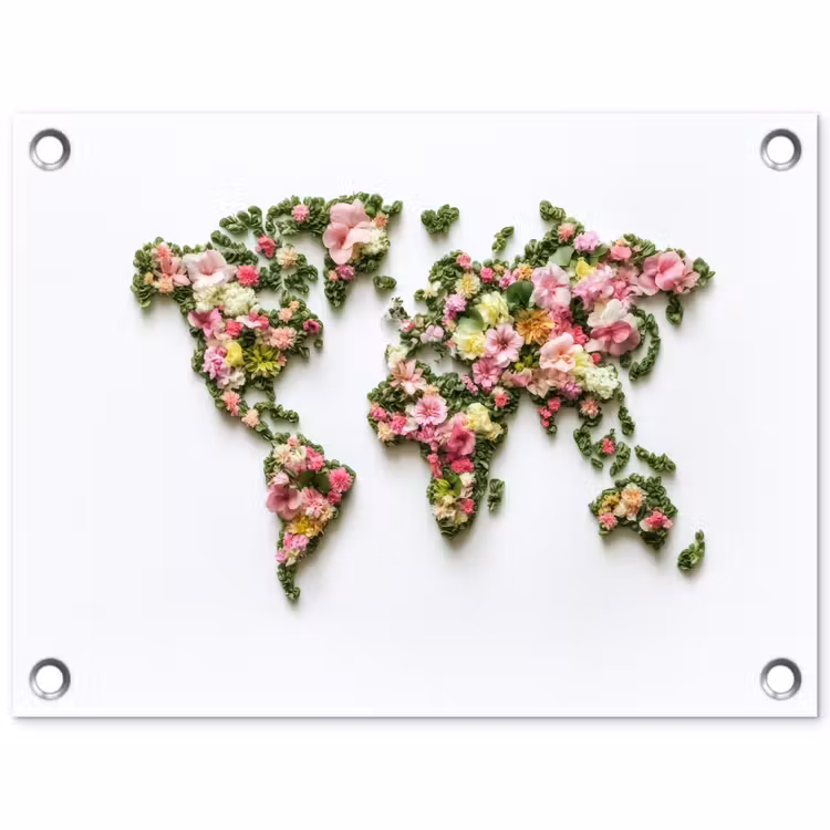 Wereldkaart - Kleurrijk - Bloemen - Lente tuinposter los doek klein -3d
