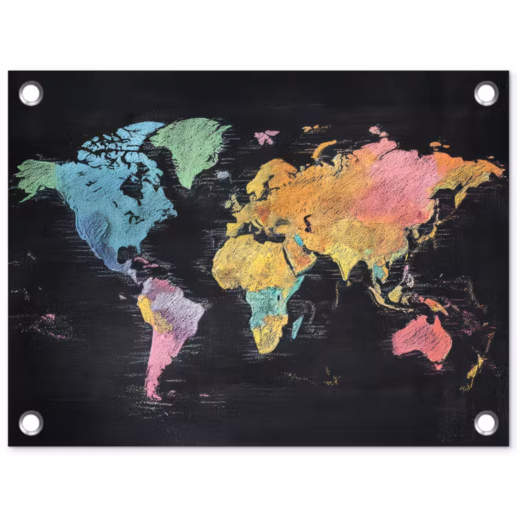 Wereldkaart - Krijtstrepen - Regenboog tuinposter los doek klein -3d