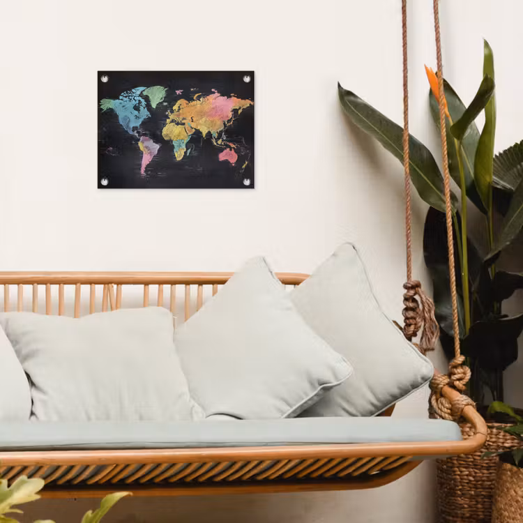 Wereldkaart - Krijtstrepen - Regenboog tuinposter los doek klein -sfeer7