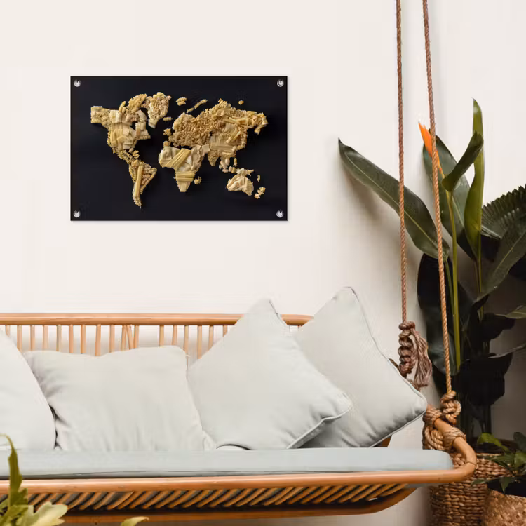 Wereldkaart - Pasta - Zwart tuinposter los doek klein -sfeer7
