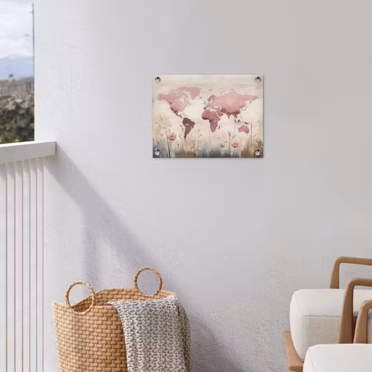 Wereldkaart - Roze - Bloemen tuinposter los doek klein -sfeer8