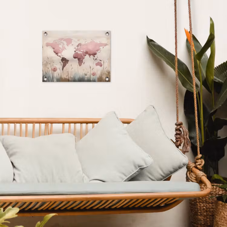 Wereldkaart - Roze - Bloemen tuinposter los doek klein -sfeer7