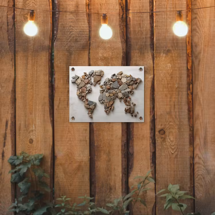 Wereldkaart - Stenen - Wit tuinposter los doek klein -sfeer1
