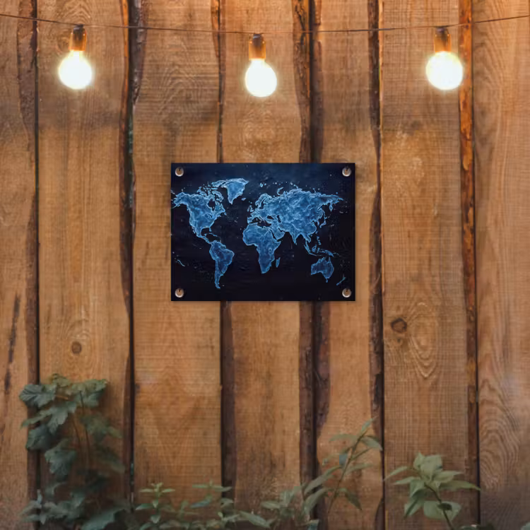 Wereldkaart - Waterstructuur - Blauw tuinposter los doek klein -sfeer1