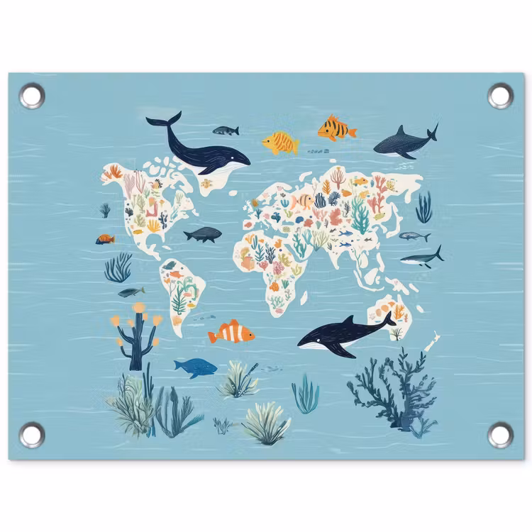 Wereldkaart - Zeeleven - Blauw tuinposter los doek klein -3d