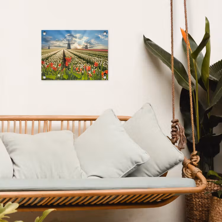Windmolens en tulpenvelden bij zonsopgang tuinposter los doek klein -sfeer7