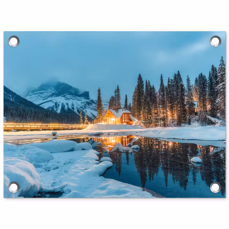 Winterlandschap - Natuur - Huis - Bergen - Sneeuw tuinposter los doek klein -3d