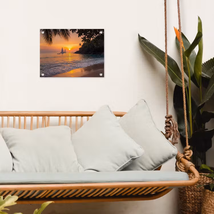 Zee - Zonsondergang - Boot - Natuur - Oranje tuinposter los doek klein -sfeer7