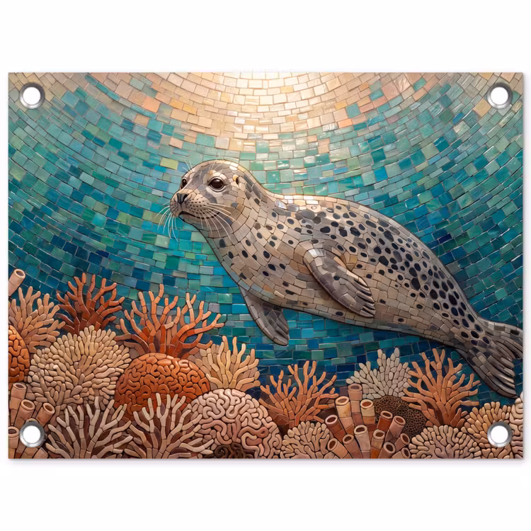 Zeehond - Mozaïek - Onderwater - Dieren - Blauw tuinposter los doek klein -3d