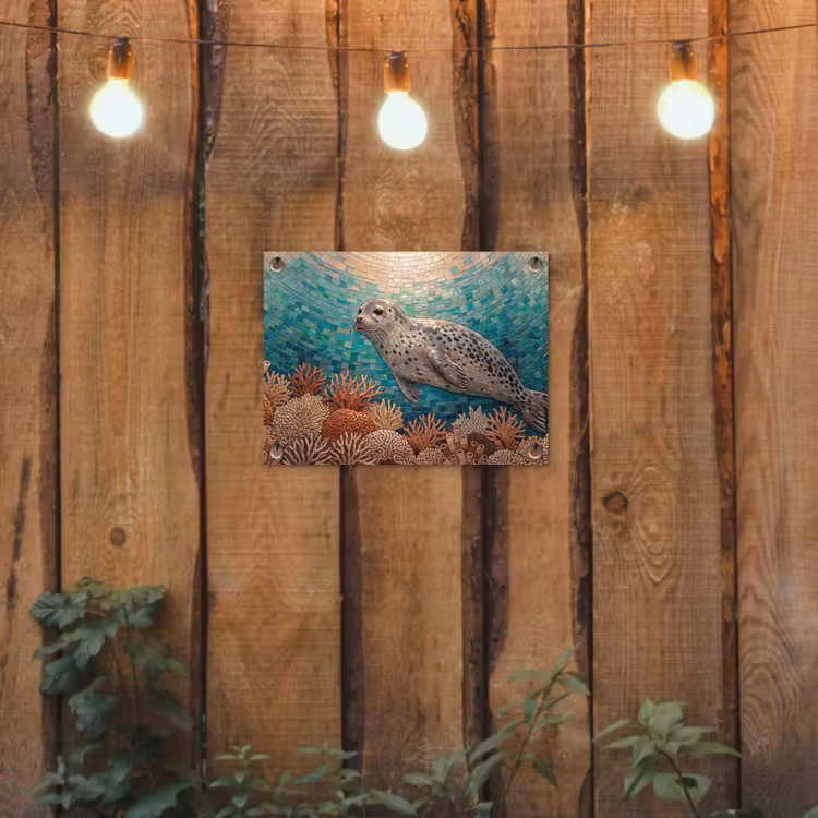 Zeehond - Mozaïek - Onderwater - Dieren - Blauw tuinposter los doek klein -sfeer1
