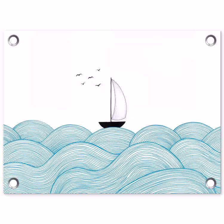 Zeilboot - Golven - Zee - Illustratie - Blauw tuinposter los doek klein -3d