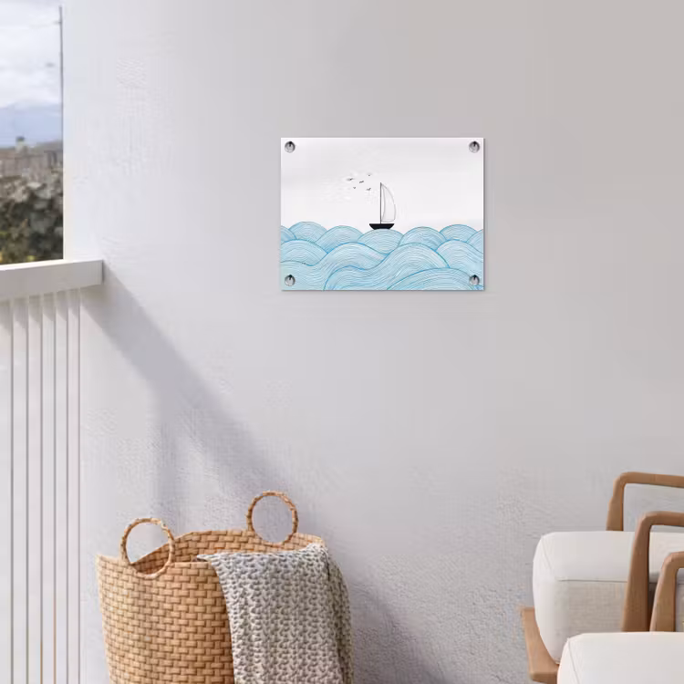Zeilboot - Golven - Zee - Illustratie - Blauw tuinposter los doek klein -sfeer8