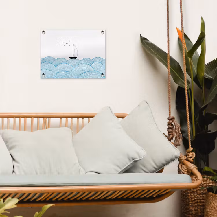 Zeilboot - Golven - Zee - Illustratie - Blauw tuinposter los doek klein -sfeer7