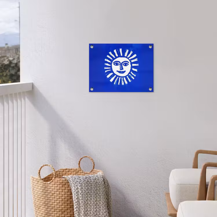 Zon - Gezicht - Penseelstructuur - Blauw tuinposter los doek klein -sfeer8
