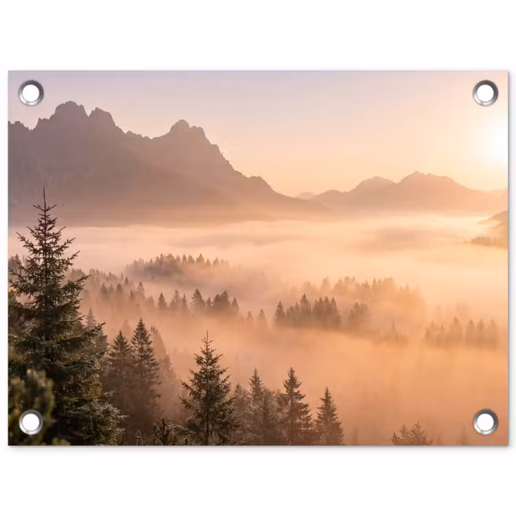 Zonlicht - Mist - Bergen - Bomen tuinposter los doek klein -3d