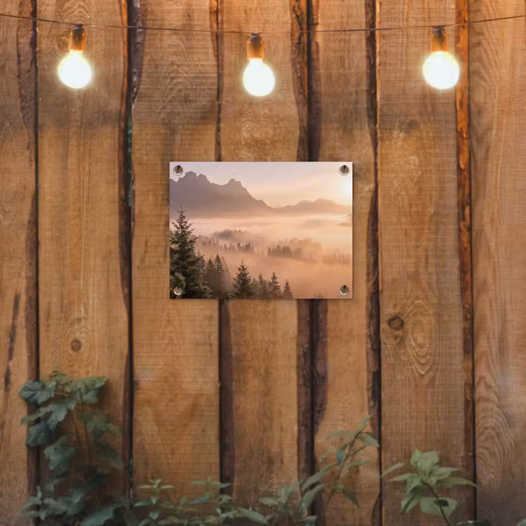 Zonlicht - Mist - Bergen - Bomen tuinposter los doek klein -sfeer1