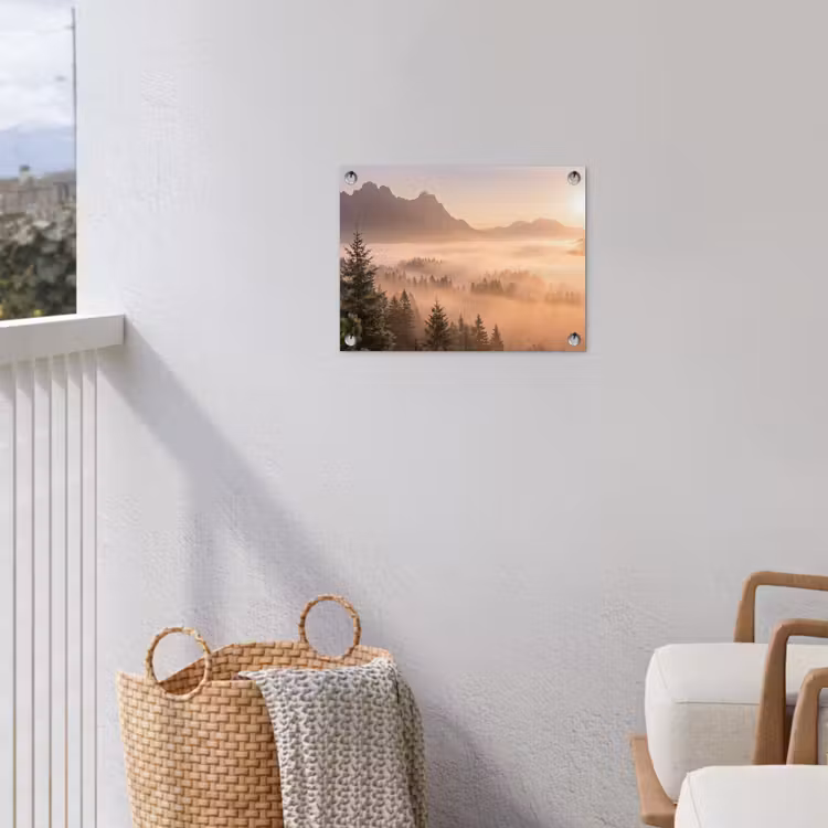 Zonlicht - Mist - Bergen - Bomen tuinposter los doek klein -sfeer8