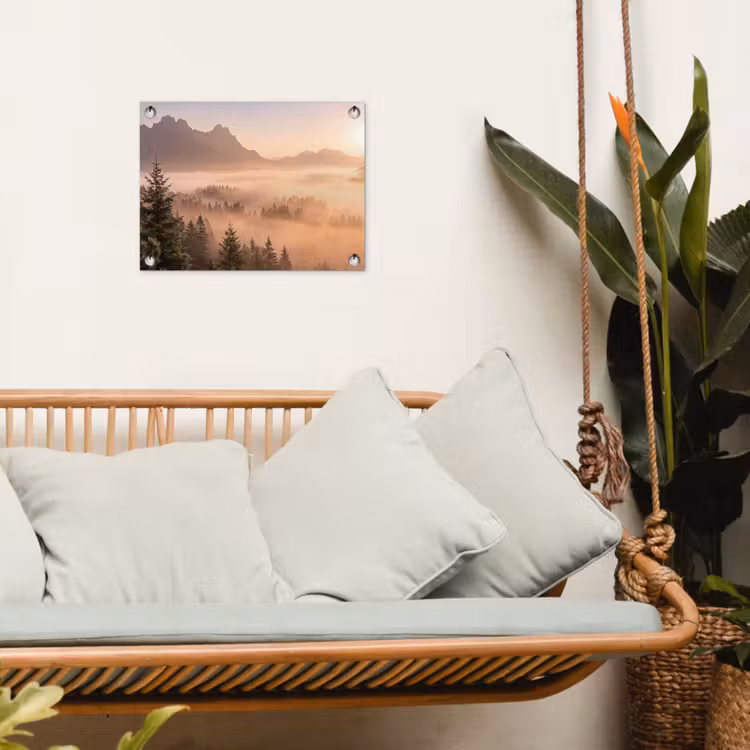 Zonlicht - Mist - Bergen - Bomen tuinposter los doek klein -sfeer7