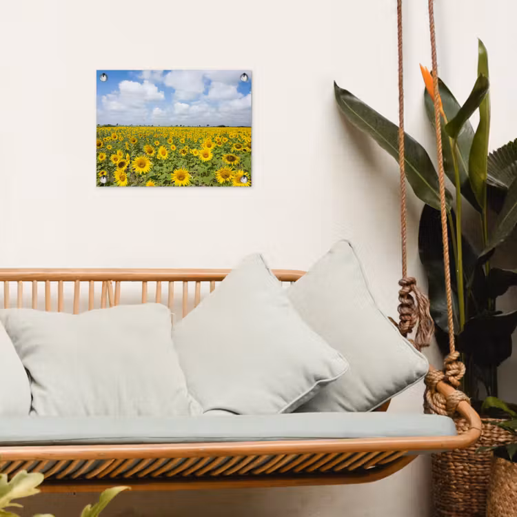 Zonnebloemen - Bloemen - Wolken - Natuur - Geel - Landschap tuinposter los doek klein -sfeer7