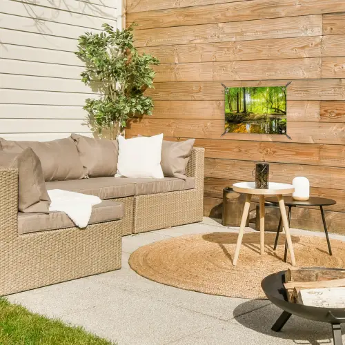 Zonnestralen in een groen bos tuinposter los doek klein -sfeer4