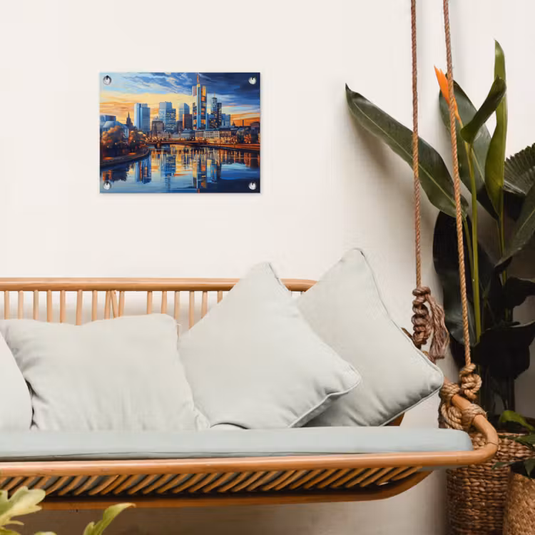 Zonsondergang Frankfurt - Stad - Skyline - Water tuinposter los doek klein -sfeer7