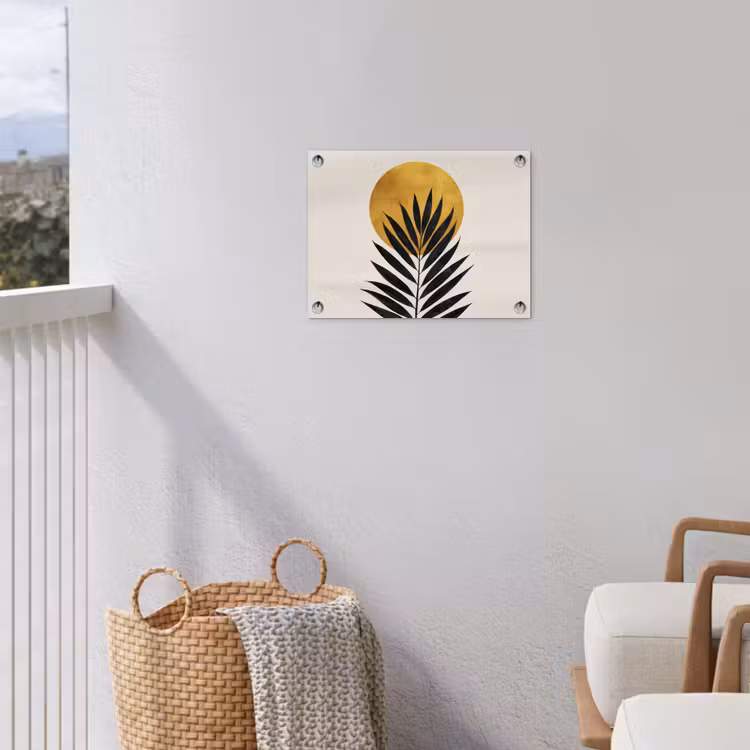 Zwart palmblad - Gouden cirkel - Beige achtergrond tuinposter los doek klein -sfeer8