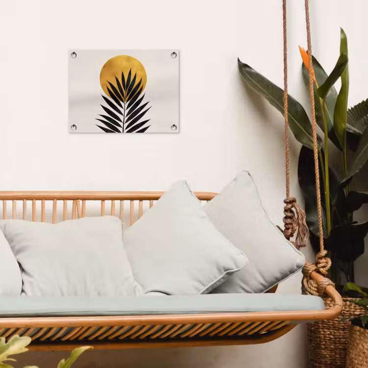 Zwart palmblad - Gouden cirkel - Beige achtergrond tuinposter los doek klein -sfeer7