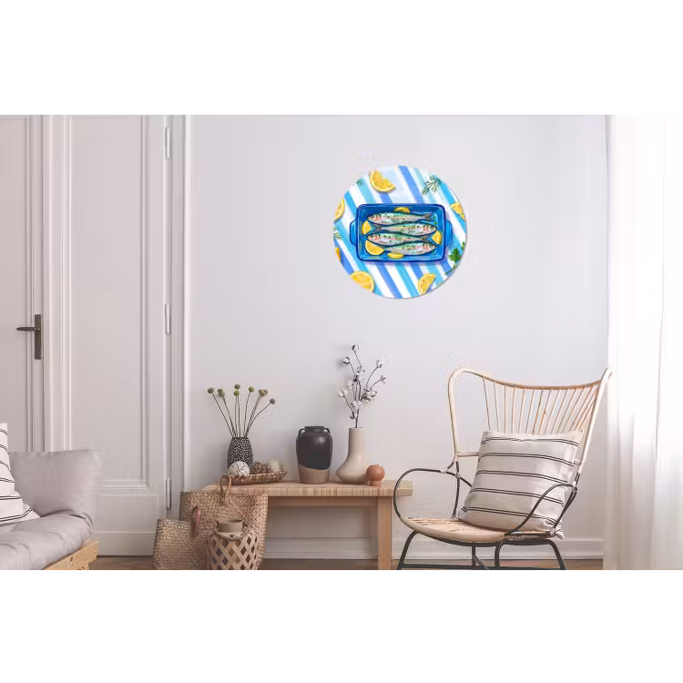Vis - Citroen - Kruiden - Eten - Blauw Wandcirkel aluminium klein -woonkamer