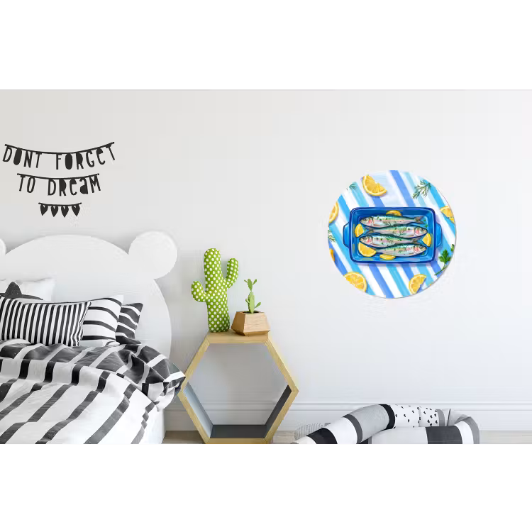 Vis - Citroen - Kruiden - Eten - Blauw Wandcirkel aluminium klein -kinderkamer