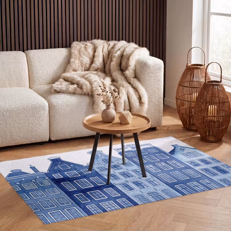 Aquarel - Grachtenpanden - Delfts - Blauw Vloerkleed Rechthoek klein -atmosphere_sfeer2_global