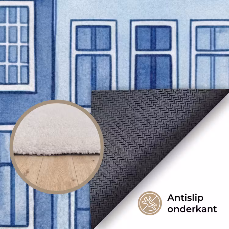 Aquarel - Grachtenpanden - Delfts - Blauw Vloerkleed Rechthoek klein -uniquesellingpoint_antislip_NL