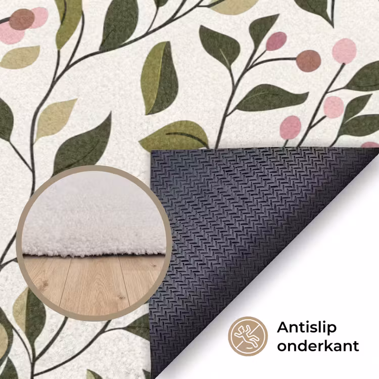 Bladeren - Bessen - Roze Vloerkleed Rechthoek klein 1091 -uniquesellingpoint_antislip_NL