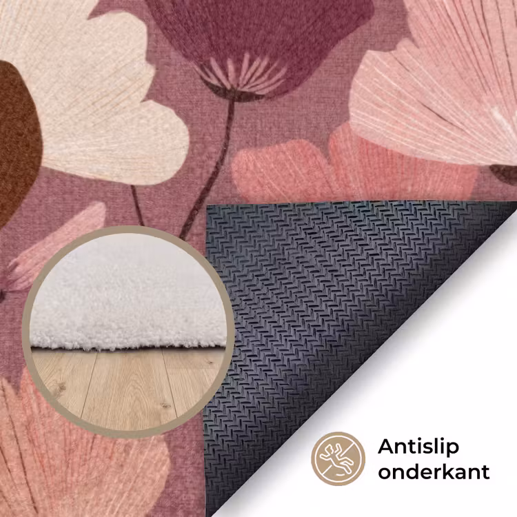 Bloem - Patroon - Roze Vloerkleed Rechthoek klein 1091 -uniquesellingpoint_antislip_NL