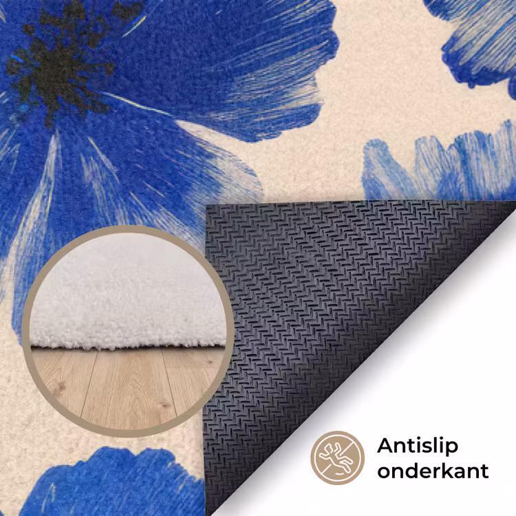 Bloemen - Blauw -Patroon - Wit Vloerkleed Rechthoek klein -uniquesellingpoint_antislip_NL