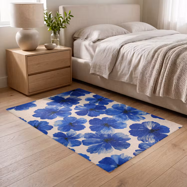 Bloemen - Blauw -Patroon - Wit Vloerkleed Rechthoek klein -atmosphere_sfeer3_global