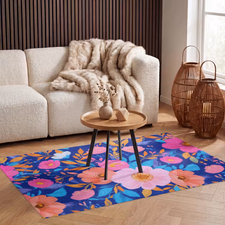 Bloemen - Blauw - Roze Vloerkleed Rechthoek klein -atmosphere_sfeer2_global