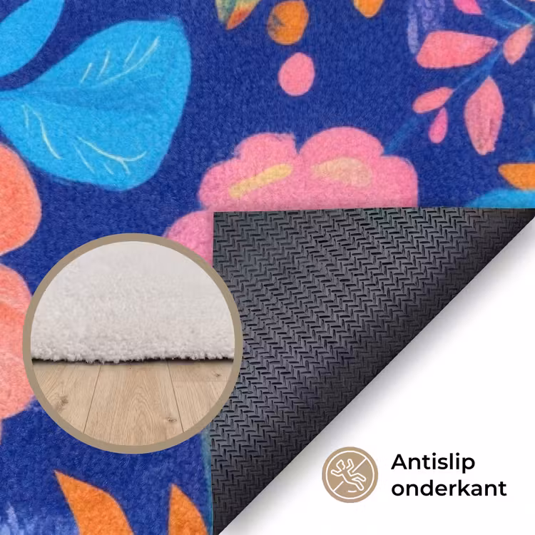 Bloemen - Blauw - Roze Vloerkleed Rechthoek klein -uniquesellingpoint_antislip_NL